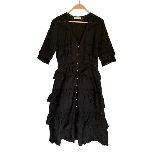 LoveShackFancy Edie Black Cotton Poplin Lace Button Front Midi Dress Tiered Sz M - Picture 2 of 7